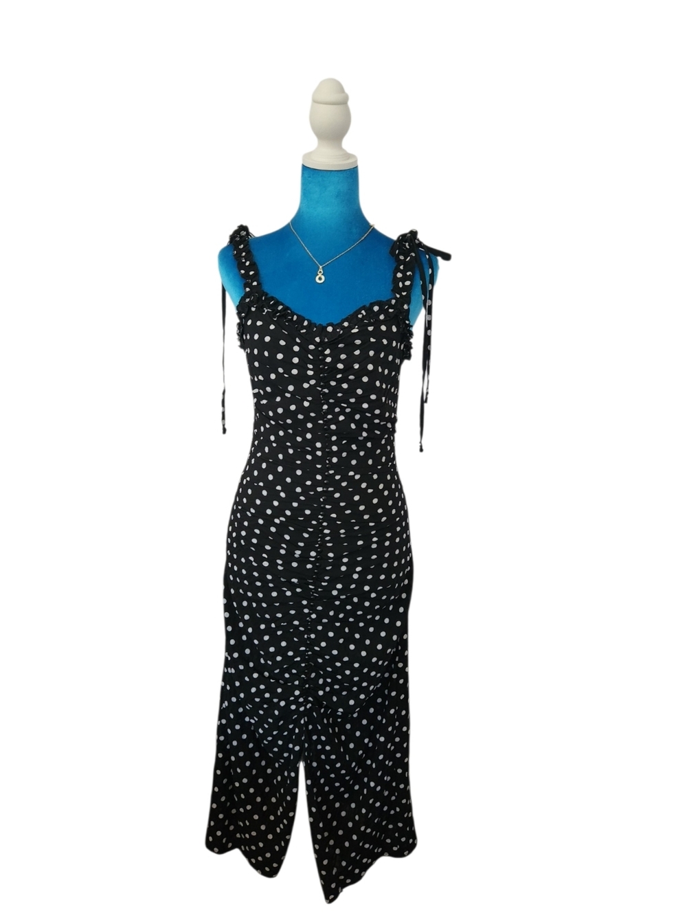 Lulus Black & White Polka Dot Midi Dress | Size XS | Ruched Tie Strap ~ MSRP $78